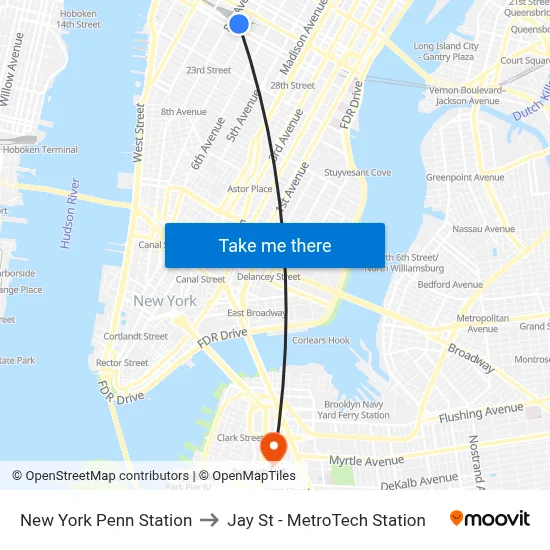 New York Penn Station to Jay St - MetroTech Station map