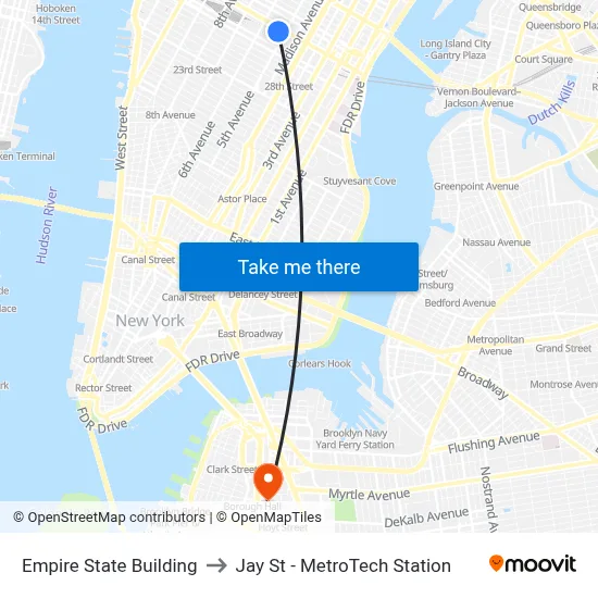 Empire State Building to Jay St - MetroTech Station map