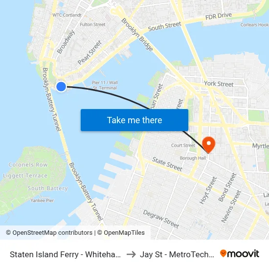 Staten Island Ferry - Whitehall Terminal to Jay St - MetroTech Station map