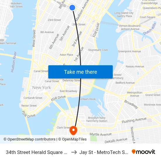 34th Street Herald Square Station to Jay St - MetroTech Station map