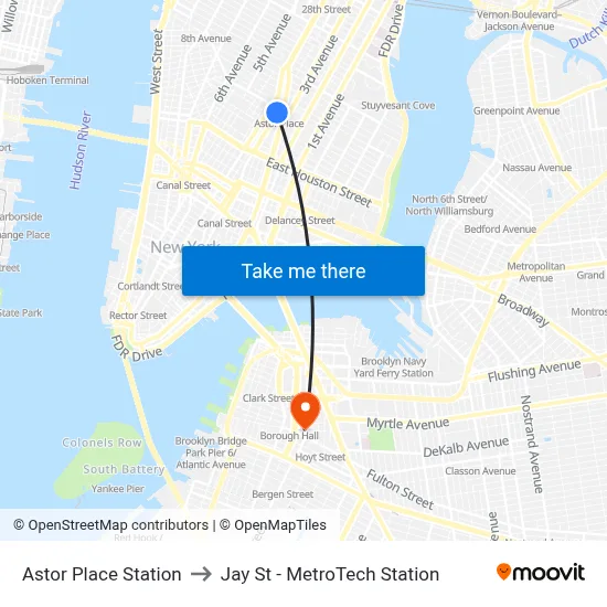 Astor Place Station to Jay St - MetroTech Station map