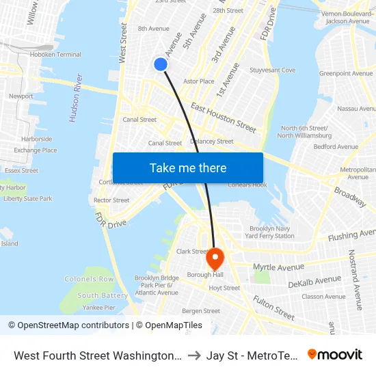 West Fourth Street Washington Square Station to Jay St - MetroTech Station map