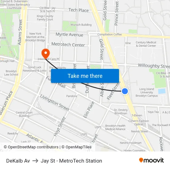 DeKalb Av to Jay St - MetroTech Station map