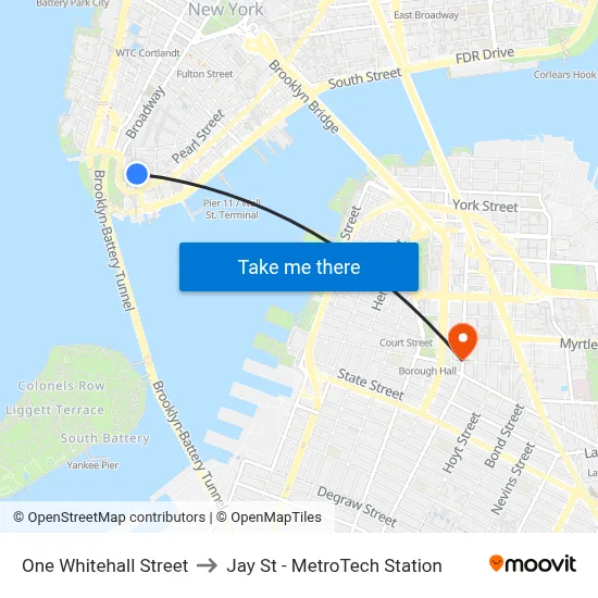 One Whitehall Street to Jay St - MetroTech Station map