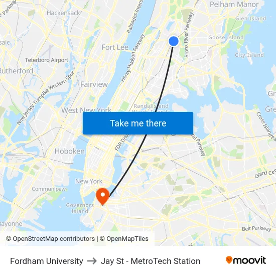 Fordham University to Jay St - MetroTech Station map