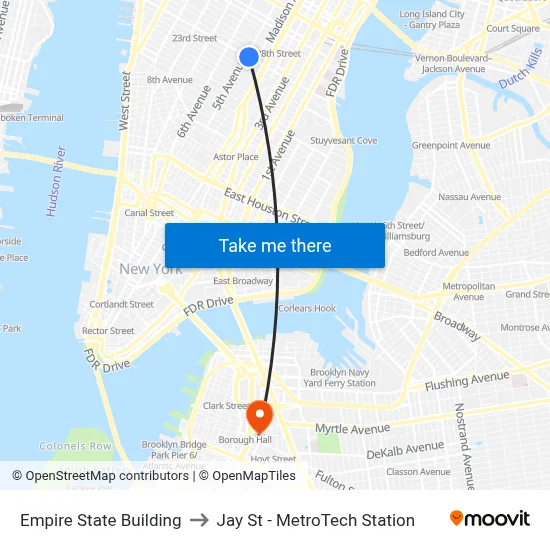 Empire State Building to Jay St - MetroTech Station map