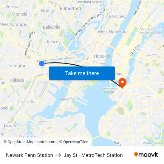 Newark Penn Station to Jay St - MetroTech Station map