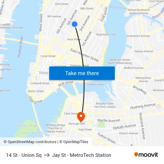 14 St - Union Sq to Jay St - MetroTech Station map