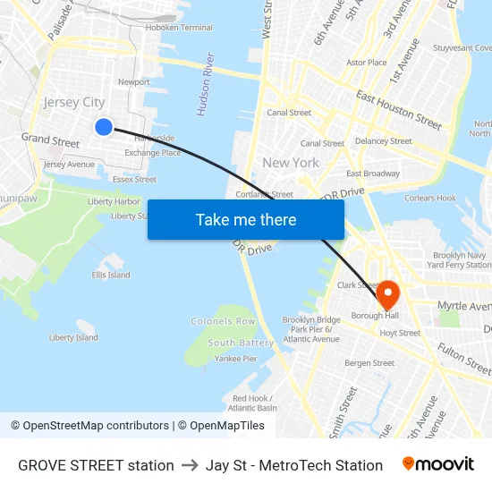 GROVE STREET station to Jay St - MetroTech Station map