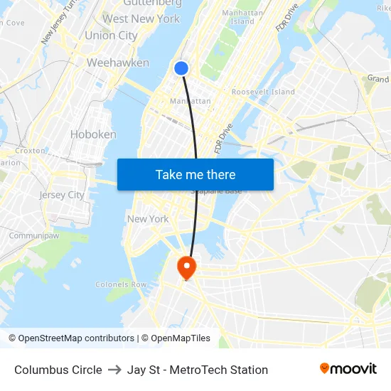 Columbus Circle to Jay St - MetroTech Station map