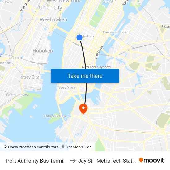 Port Authority Bus Terminal to Jay St - MetroTech Station map
