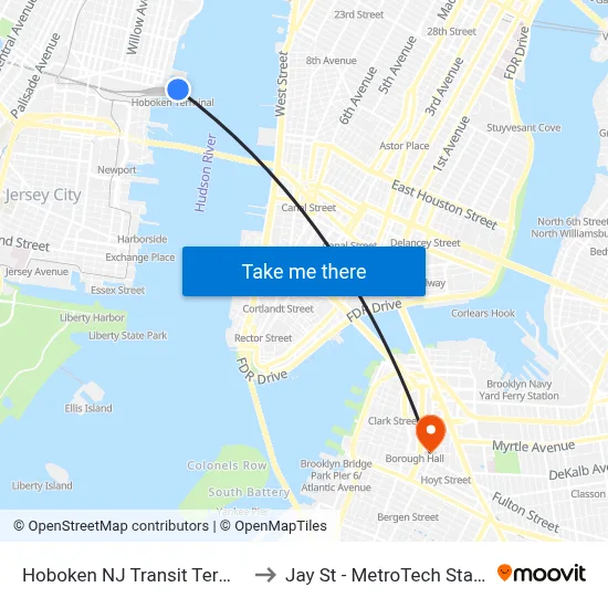 Hoboken NJ Transit Terminal to Jay St - MetroTech Station map
