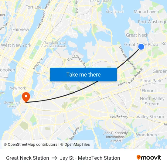 Great Neck Station to Jay St - MetroTech Station map