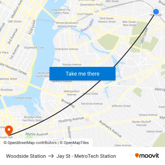 Woodside Station to Jay St - MetroTech Station map