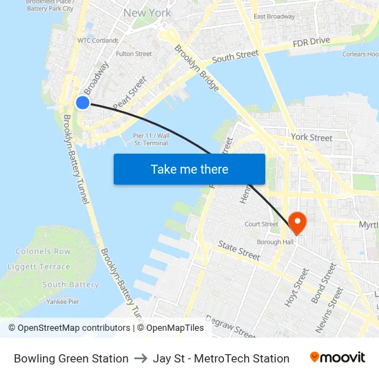Bowling Green Station to Jay St - MetroTech Station map