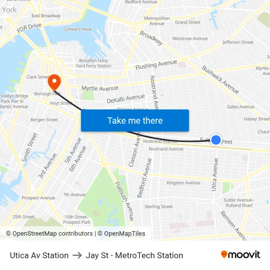Utica Av Station to Jay St - MetroTech Station map