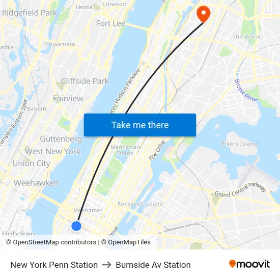 New York Penn Station to Burnside Av Station map