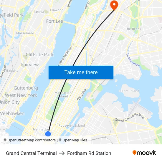 Grand Central Terminal to Fordham Rd Station map