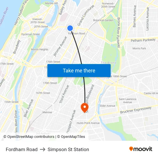 Fordham Road to Simpson St Station map