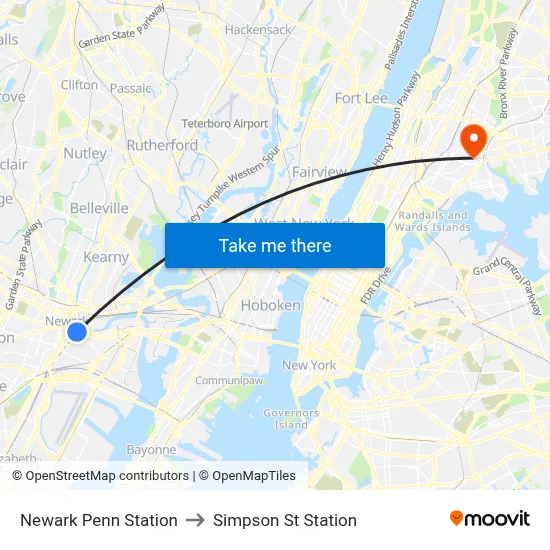 Newark Penn Station to Simpson St Station map