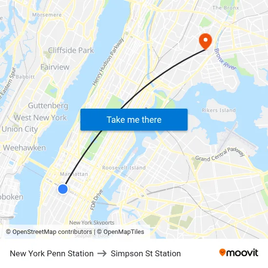 New York Penn Station to Simpson St Station map