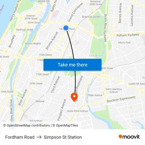 Fordham Road to Simpson St Station map