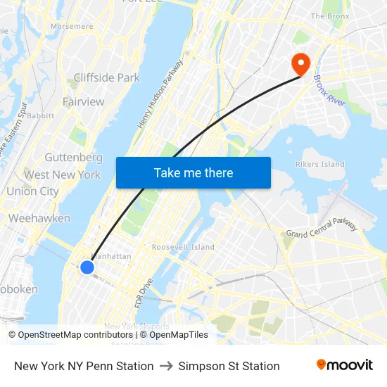 New York NY Penn Station to Simpson St Station map
