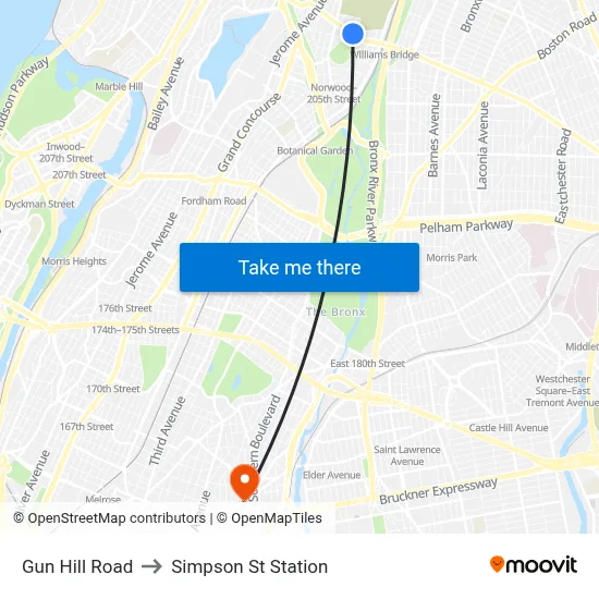 Gun Hill Road to Simpson St Station map