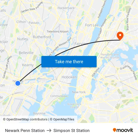 Newark Penn Station to Simpson St Station map