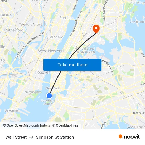 Wall Street to Simpson St Station map