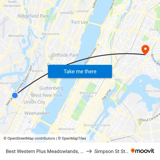 Best Western Plus Meadowlands, Secaucus to Simpson St Station map