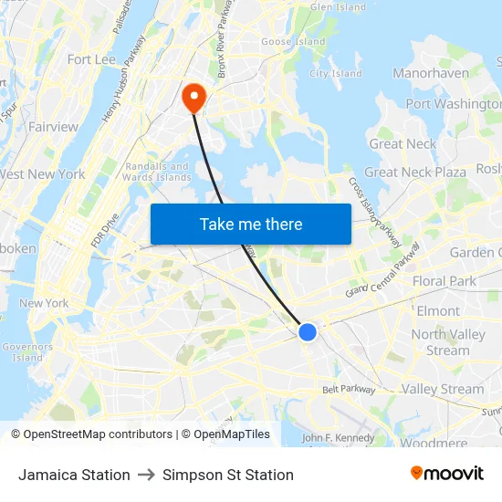 Jamaica Station to Simpson St Station map