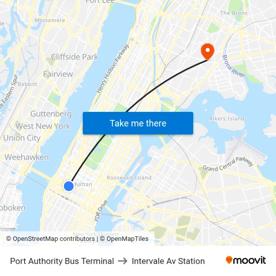 Port Authority Bus Terminal to Intervale Av Station map