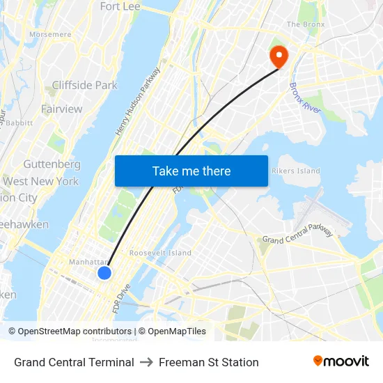 Grand Central Terminal to Freeman St Station map