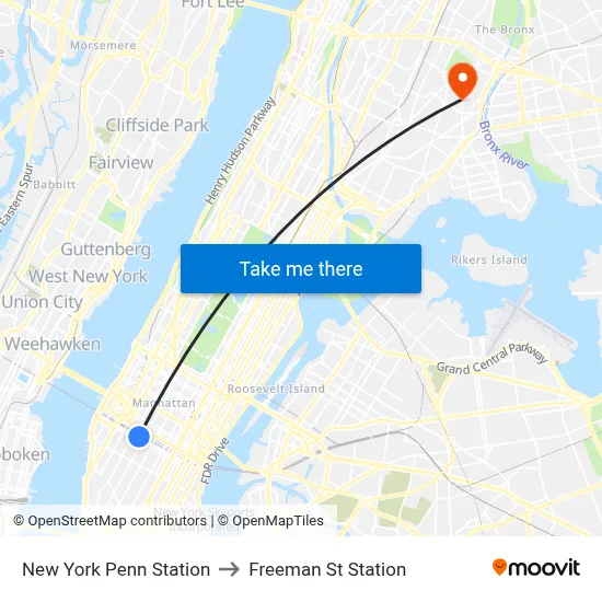 New York Penn Station to Freeman St Station map