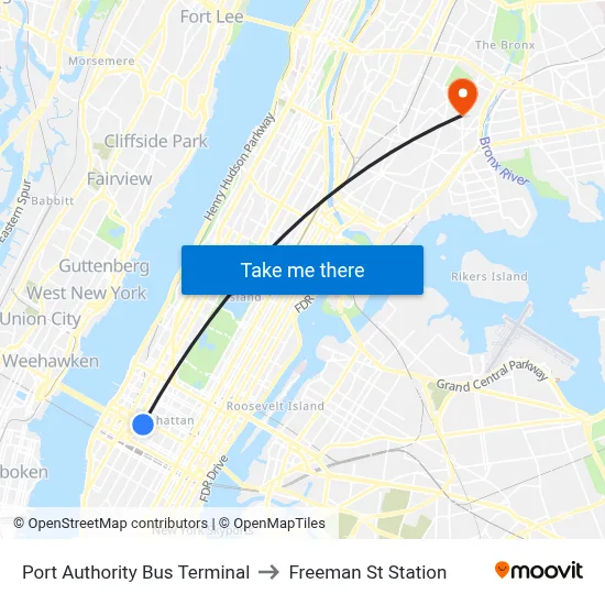 Port Authority Bus Terminal to Freeman St Station map