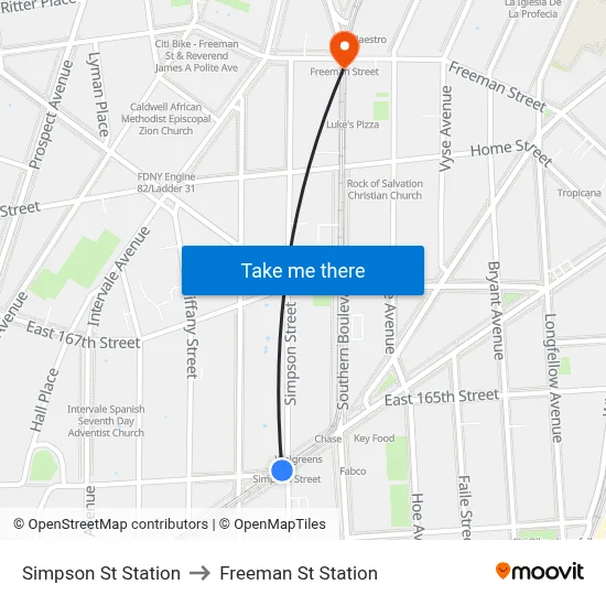 Simpson St Station to Freeman St Station map