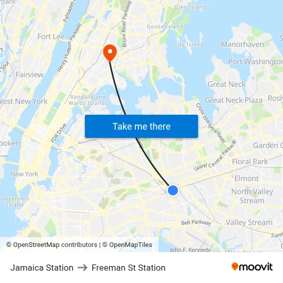 Jamaica Station to Freeman St Station map