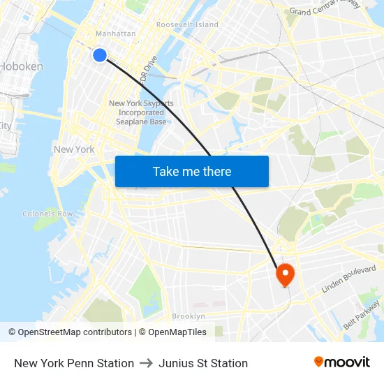 New York Penn Station to Junius St Station map