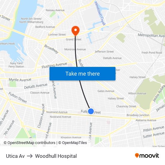 Utica Av to Woodhull Hospital map