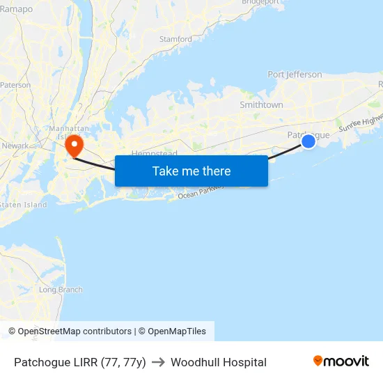 Patchogue LIRR (77, 77y) to Woodhull Hospital map