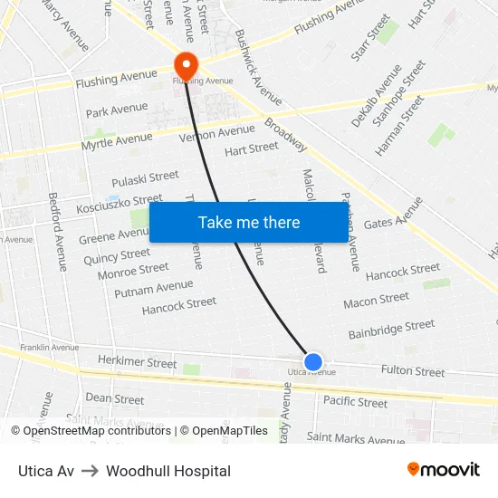 Utica Av to Woodhull Hospital map