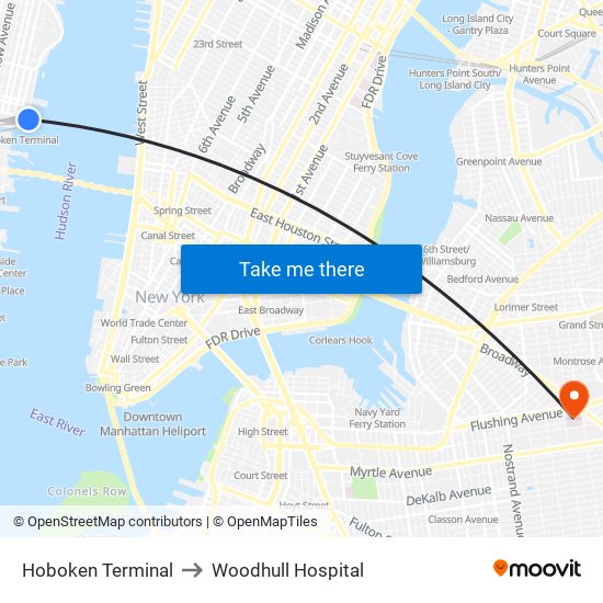 Hoboken Terminal to Woodhull Hospital map