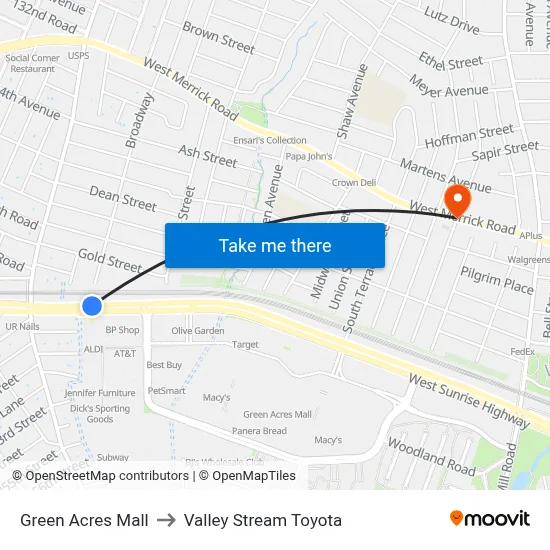 Green Acres Mall to Valley Stream Toyota map