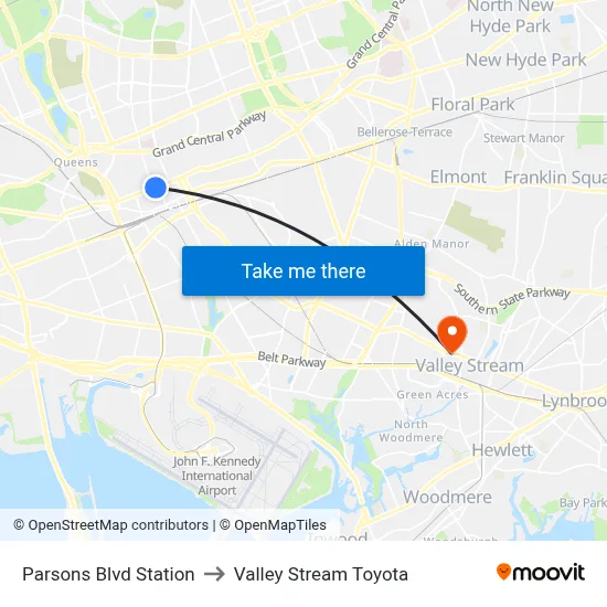 Parsons Blvd Station to Valley Stream Toyota map