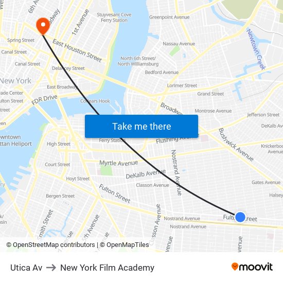 Utica Av to New York Film Academy map