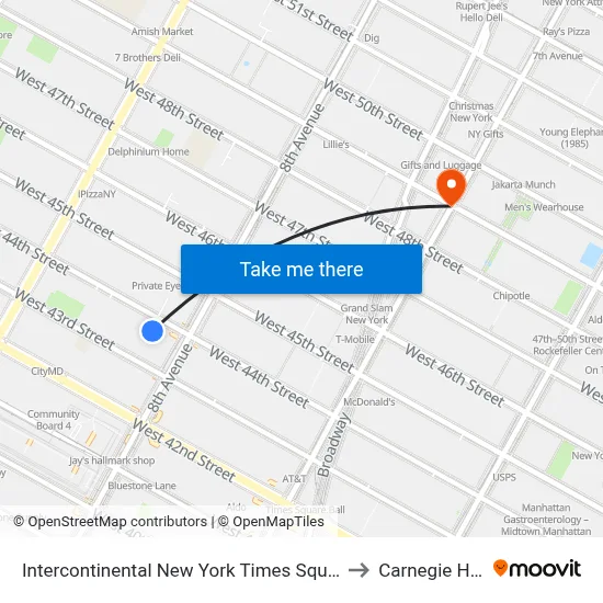 Intercontinental New York Times Square to Carnegie Hall map