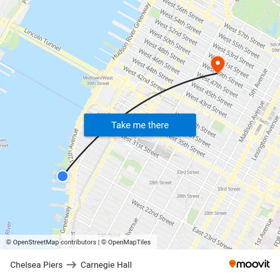 Chelsea Piers to Carnegie Hall map