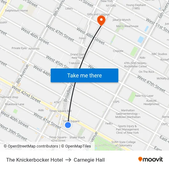 The Knickerbocker Hotel to Carnegie Hall map