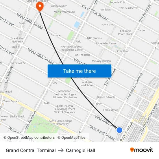 Grand Central Terminal to Carnegie Hall map